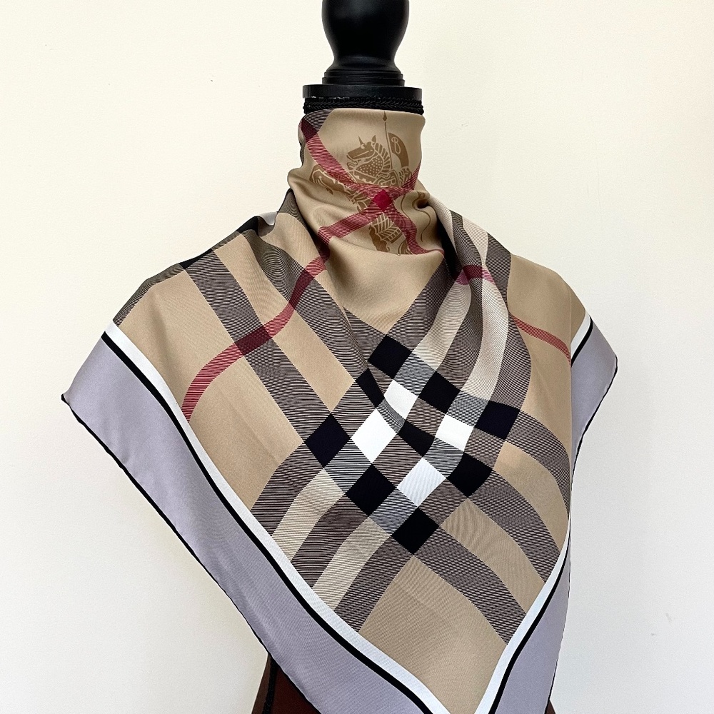 New Burberry Scarf Beige Check Gray Border Silk Wrap - Picture 2 of 15